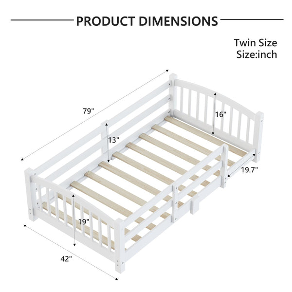 English Elm Twin Montessori Floor Bed Solid Pine Frame with Safety Guardrails for Kids Bedroom White N733P400298K