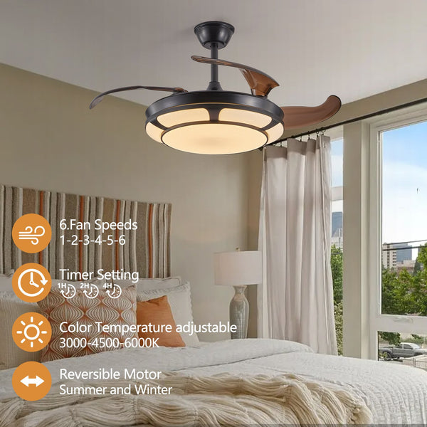 English Elm 42" Retractable Ceiling Fan with Light - Modern Black LED Chandelier, 6-Speed DC Motor, Remote, Timer W2312P374992