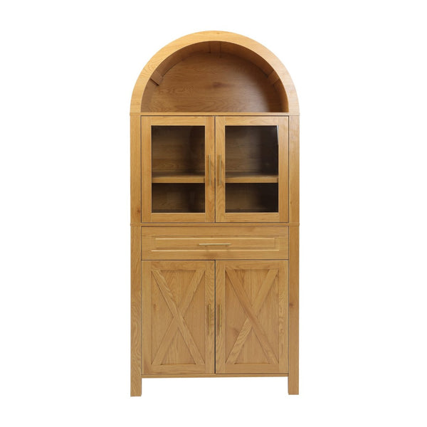 English Elm 71" Arched Glass Barn Door Pantry Cabinet Farmhouse Mdf Storage for Kitchen Dining Oak W2917S00017