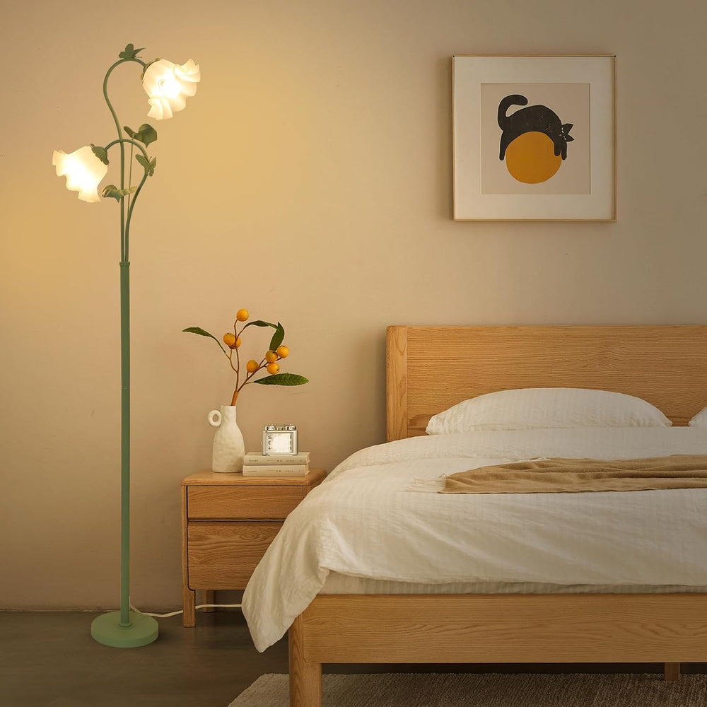 English Elm Flower Vintage Floor Lamp with Acrylic Lily Shades, 63.5" Green Metal Standing Light, 2 LED Bulbs W2738P400649