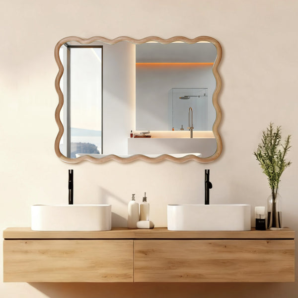 English Elm Natural Wood Wavy Rectangle Solid Wood Frame Mirror 30x40" Rustic Tempered Glass Vanity Decor W2203P389064