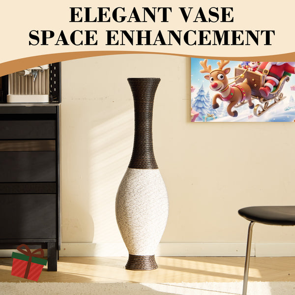 English Elm 39-Inch Tall Standing Designer Floor Vase with Brushed Gold Accents, Durable PVC Rattan Texture, Elegant Home Accent White+Black W2796P193946