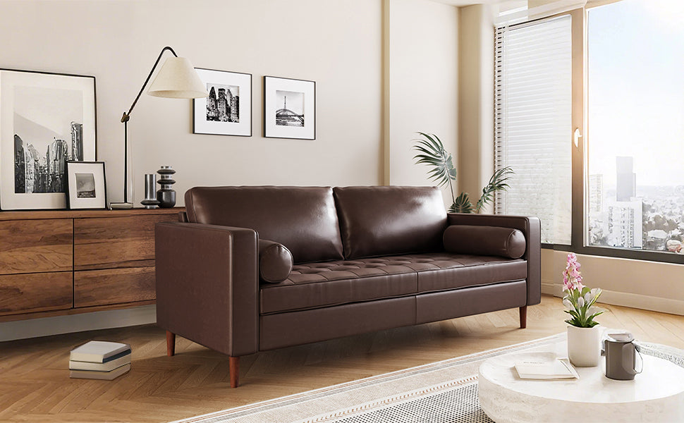 English Elm Christopher Knight Home® - Mirod Mid-Century Modern PU Leather Sofa with Tufted Back, Birch Legs, Foam & Pocket Spring Comfort Dark Brown N760P285734D