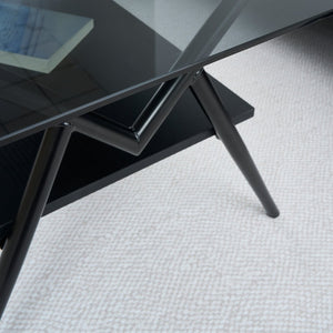 English Elm Rectangle Coffee Table With Elegant Tempered Glass Top & Black Mdf Shelf For Modern Living Room Décor W241142567-GIGA