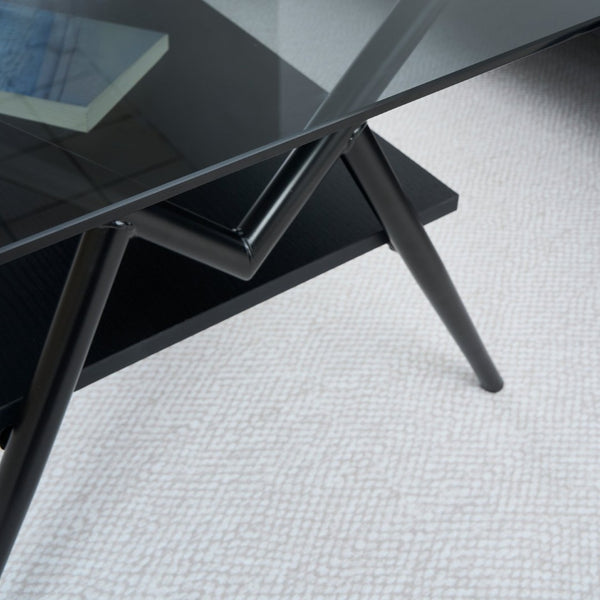 English Elm Rectangle Coffee Table With Elegant Tempered Glass Top & Black Mdf Shelf For Modern Living Room Décor W241142567-GIGA