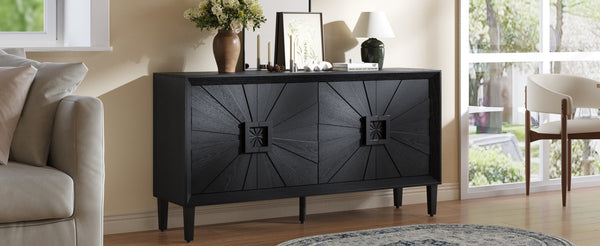 English Elm 60" Distressed Black Farmhouse Credenza with Sunburst Doors, 200lb TV Top, Adjustable Shelves & Anti-Tip Safety W1445P303027