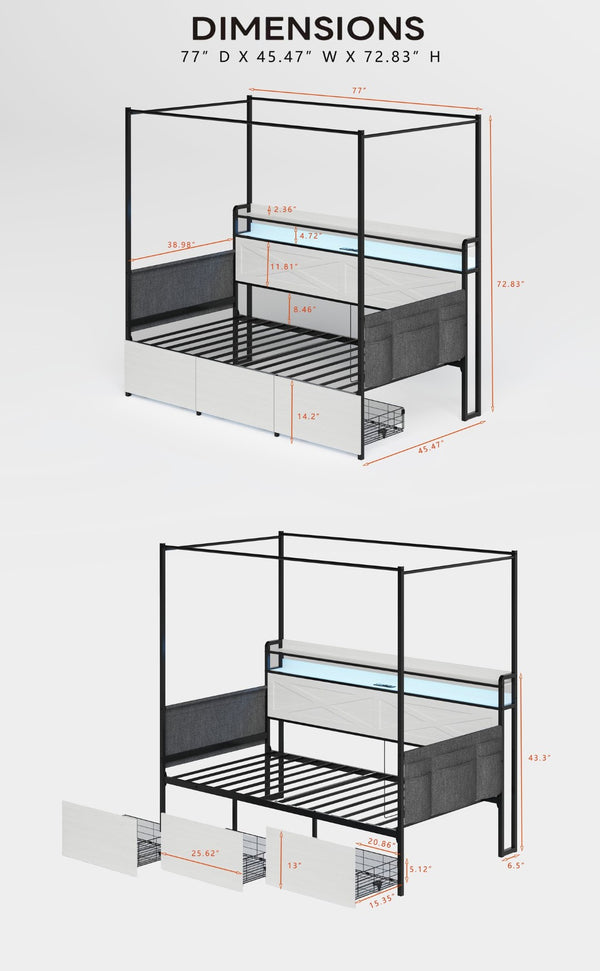 English Elm Twin Metal Daybed with Pull Out Trundle Guardrails Led Lights and Built in Charging W5026P404187