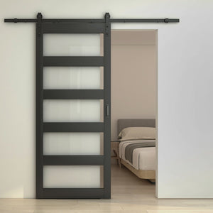 English Elm 30 in Matte Black Steel Sliding Barn Door Frosted Glass Privacy Panel with Hardware B2763P483234