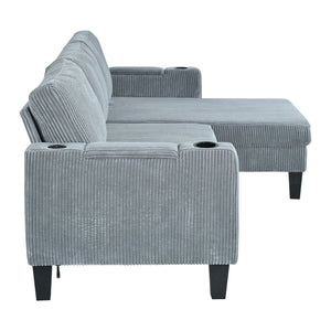 English Elm Reversible Sectional Sofa with Storage Chaise, USB Ports, Cup Holders, Corduroy Sleeper Sofa for Home Comfort Gray W680S00034