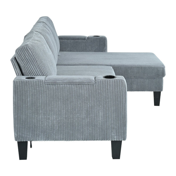 English Elm Reversible Sectional Sofa with Storage Chaise, USB Ports, Cup Holders, Corduroy Sleeper Sofa for Home Comfort Gray W680S00034