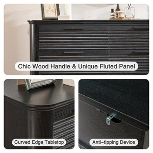 English Elm Fluted Wave Panel 7 Drawer Mdf Dresser Modern Bedroom Storage with Tv Stand Top Black Woodgrain T5326P425098