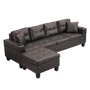 English Elm Sectional PU Sofa Set with L-Chaise, Built-In Cup Holders, Thick Foam Cushions, Modern 4-Seater Comfort Dark Brown 57.87 L x 28.35 W x 12.99 H W2297S00004