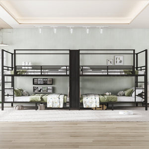 English Elm Queen Size Quadruple Metal Bunk Bed With Storage, Noise-Reducing Design & Sturdy Black Frame W1580S00156-GIGA