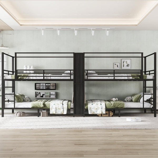 English Elm Queen Size Quadruple Metal Bunk Bed With Storage, Noise-Reducing Design & Sturdy Black Frame W1580S00156-GIGA