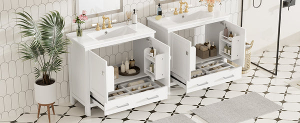 English Elm 72" White Bathroom Vanity Set with Dual Ceramic Sinks, Soft-Close Doors, Divided Drawers & Ample Storage, Solid Wood Frame, Easy Plumbing Access N729P000006K