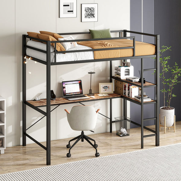 English Elm Twin Heavy Duty Loft Bed with L-Shape Desk, Shelves, USB Charging, LED Lights, Guard Rail, Brown W840P210910