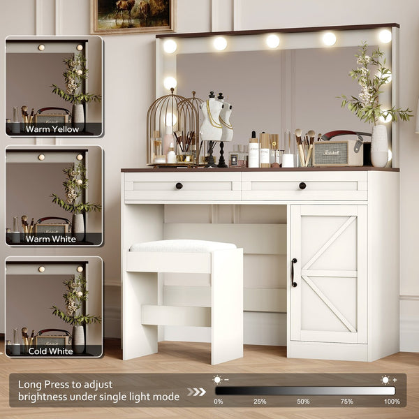 English Elm 43.4"Makeup Vanity Table with Large LED Mirror, Adjustable Brightness, 3 Drawers & Stool for Organized Glam Routine White W2386P199523