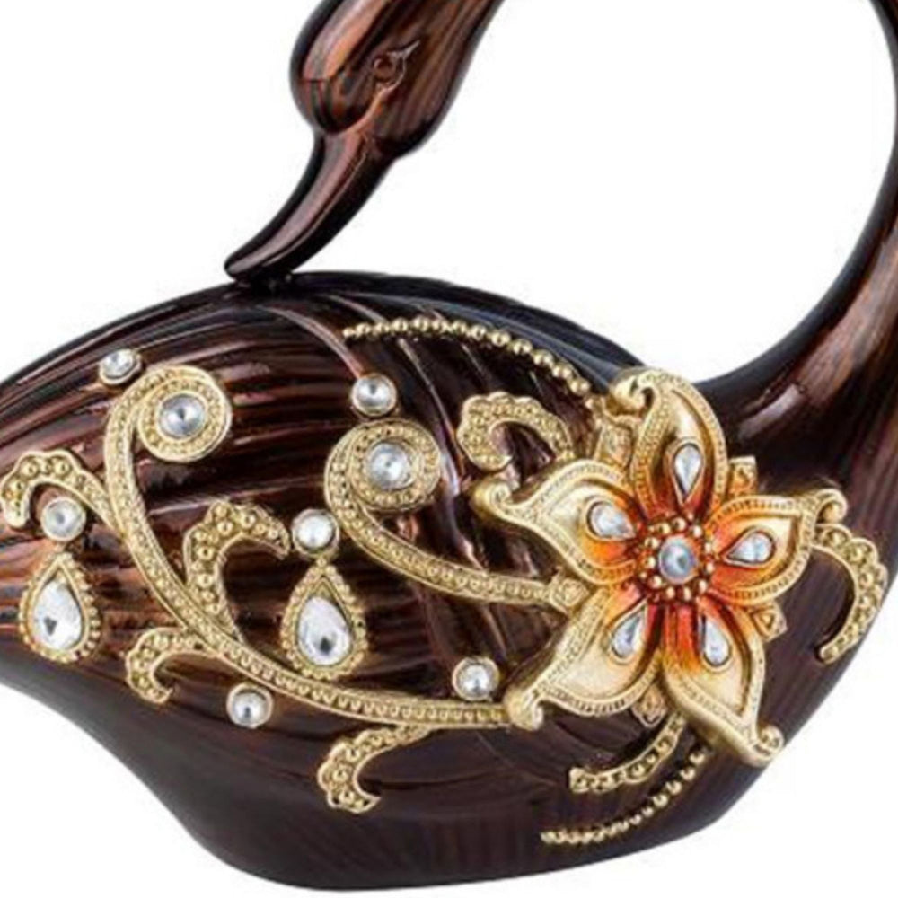 English Elm 9.5" Elegant Laurel Swan Figurine in Bronze & Topaz — Hand-Painted Polyresin, Crystal Accents, 13" Long B072116013