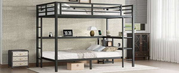 English Elm Full Over Twin Bunk Bed With Integrated Desk, Led Lighting & Usb Ports, Versatile Black Metal Design W1580S00127