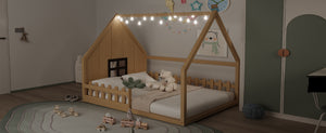 English Elm Full House Bed Frame with Window & Fence Playhouse Design, Sturdy Pine/MDF, Safe 400lb Capacity Natural N709P215545N