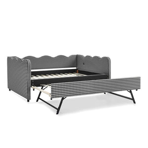 English Elm Full Size Gingham Linen Daybed with Wave Backrest Trundle and Usb Charging Port Black W1413S00141