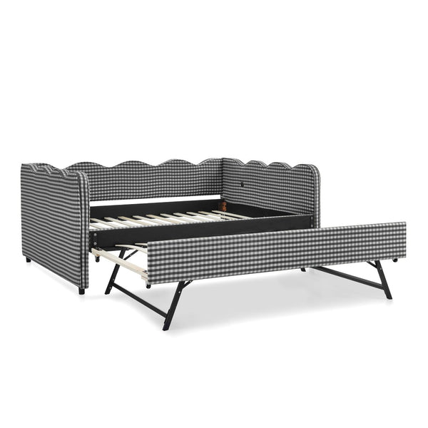 English Elm Full Size Gingham Linen Daybed with Wave Backrest Trundle and Usb Charging Port Black W1413S00141