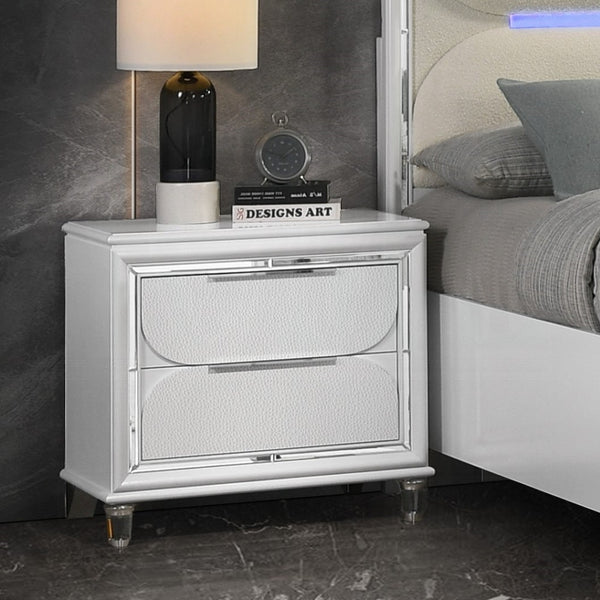 English Elm Glamorous Pearl White Nightstand with Two Deep Drawers, Mirrored Trim & Acrylic Legs, 30.3"W x 28.5"H B2741P324365
