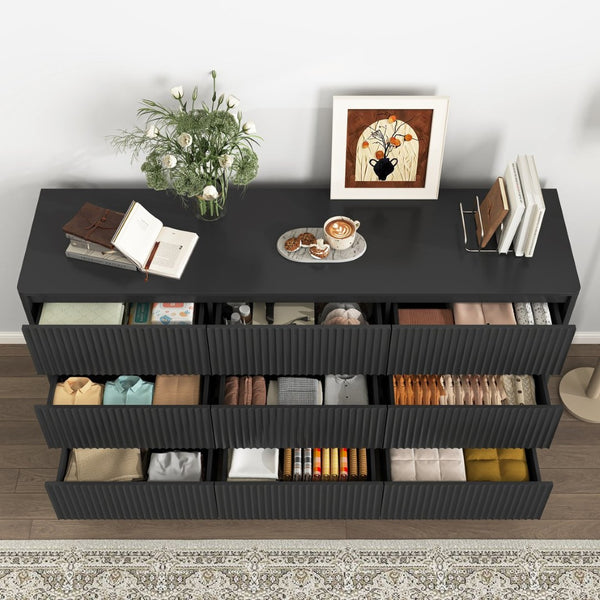 English Elm 9 Drawer Matte Wood Dresser with Wave Front Mid Century Modern Low Profile Storage Black W409P387577