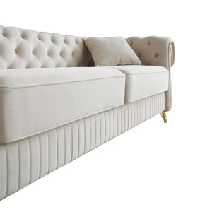 English Elm 89''W Chesterfield Modern Tufted Velvet Sofa with Pocket Springs, Gold Trim & Removable Cushions Beige W579S00037