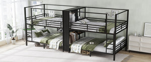 English Elm Queen Size Quadruple Metal Bunk Bed With Storage, Noise-Reducing Design & Sturdy Black Frame W1580S00156-GIGA