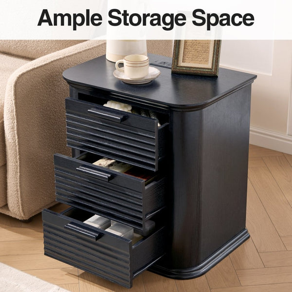 English Elm 22" Fluted Wood Nightstand with Built-in Charging Station Three Drawer Bedside Storage Black Woodgrain T5326P431147