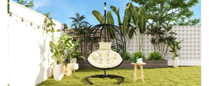 English Elm U_style Wicker Hanging Egg Chair with Stand Hdpe Cocoon Swing for Balcony Garden Black+Beige N711P389503A