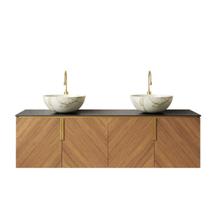 English Elm Dina 60 Inch Floating Bathroom Vanity Sintered Stone Top Dual Glass Basins Wood Grain W2615S00548