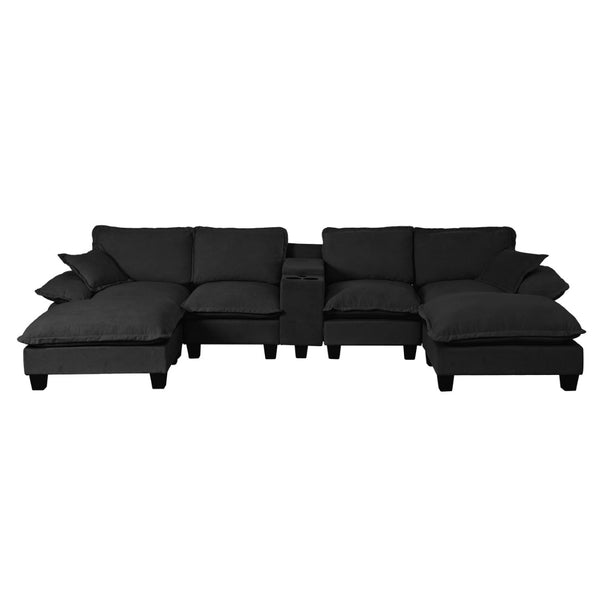 English Elm Modular Cloud Sofa U-shape Chenille Sectional with Storage Usb Charging Ottomans Black W3163S00123