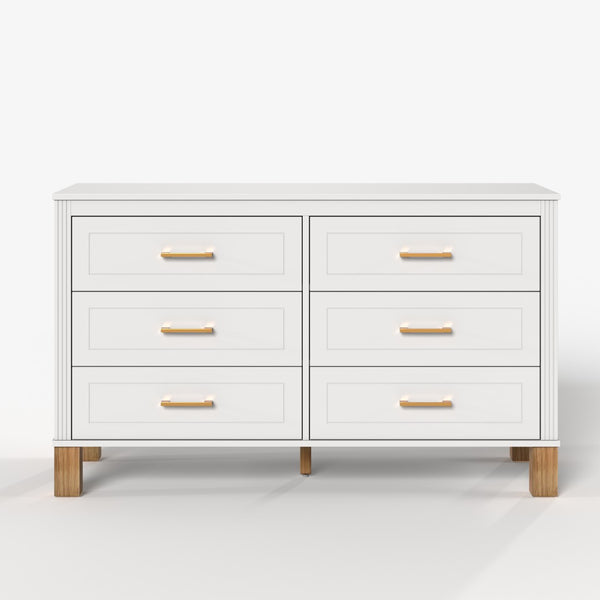 English Elm 6-drawer Solid Wood Dresser Mid-century Modern Gray Finish with Metal Bar Handles W1445P419757