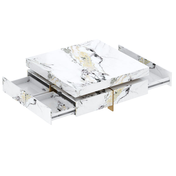 English Elm Modern Square Marble-Textured Coffee Table 43.3" White — Floating Pedestal Design, 4 Hidden Drawers, Durable Chic Storage CH350384AAK
