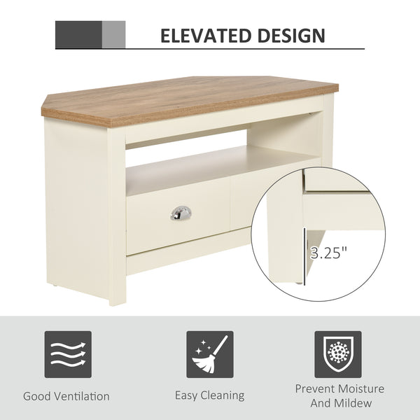 English Elm HOMCOM Corner TV Stand for TVs up to 50" — Trapezoid Corner Console with Drawers & Open Shelf, White W2225P217448