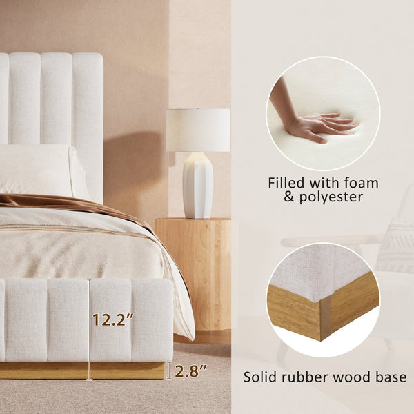 English Elm King Upholstered Bed Linen Channel Stitch Tall Headboard Solid Wood Slatted Base N757K339014I