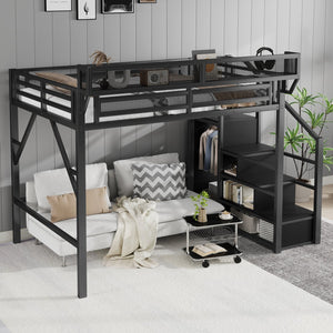English Elm Full Size Loft Bed With Stairs And Storage Shelves – Stylish Black Metal High Loft Bed For Kids & Teens W2580S00037