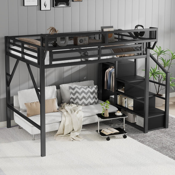 English Elm Full Size Loft Bed With Stairs And Storage Shelves – Stylish Black Metal High Loft Bed For Kids & Teens W2580S00037