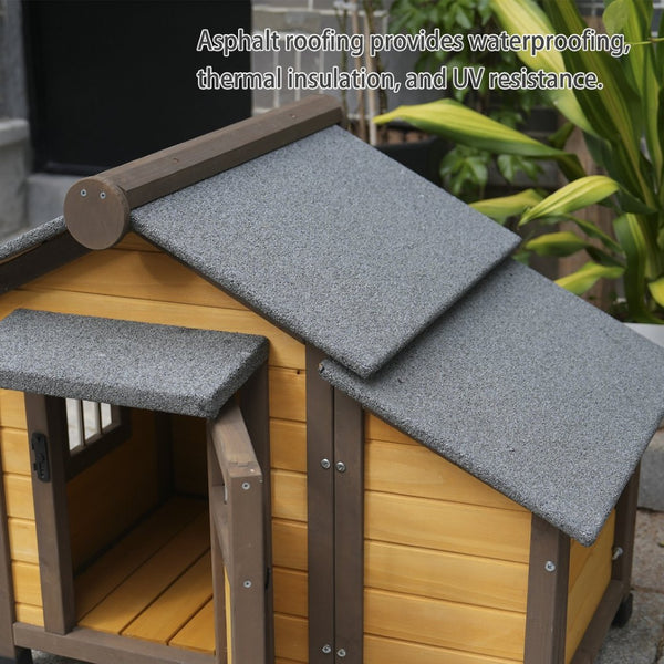 English Elm 45 Inch Solid Wood Outdoor Dog House with Elevated Floor and Waterproof Insulated Roof W1431P388168