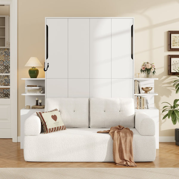 English Elm Full Size Murphy Bed System with Integrated Sofa and Storage Towers for Guest Rooms White LP000380AAK