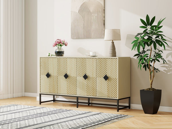 English Elm Carved Solid Wood Handle Sideboard Buffet Cabinet with Adjustable Shelves, Gold Metal Feet Stability W688P207303