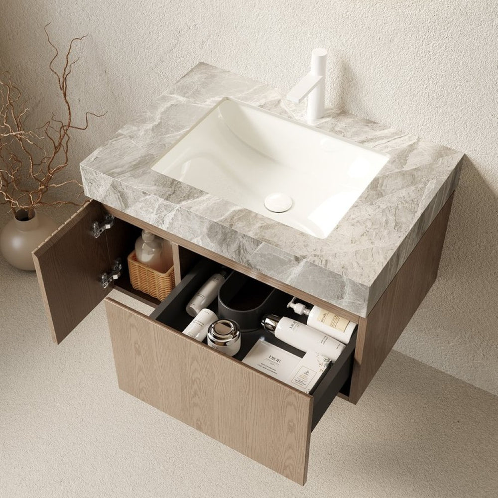 English Elm Muri Floating Bathroom Vanity Plywood Cabinet Sintered Stone Top Woodgrain Finish W2615S00592