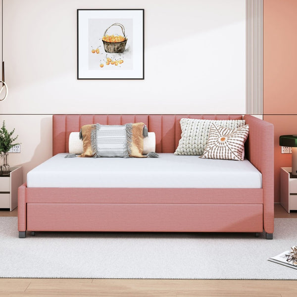 English Elm Full Size Linen Upholstered Daybed with Roll Out Trundle for Guest Rooms Pink LP000173AAH