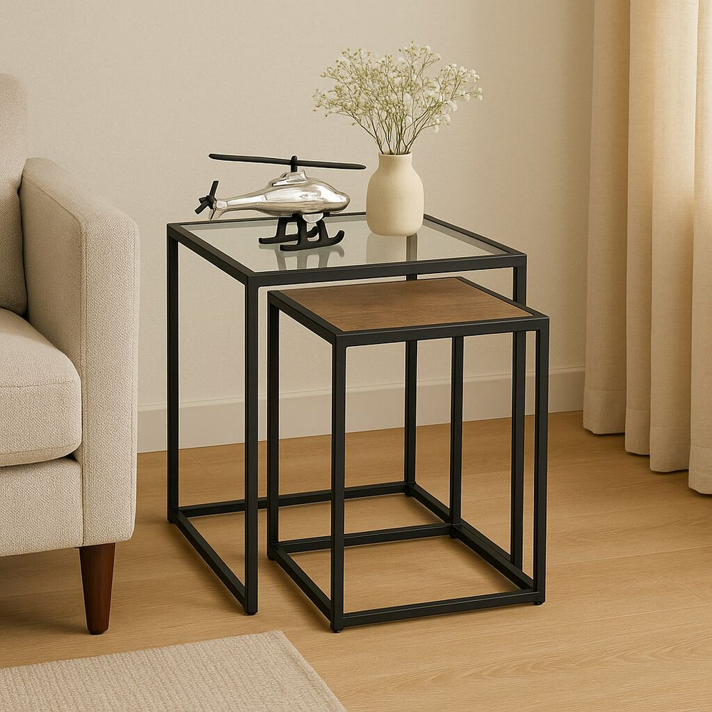 English Elm 2-Piece Glass & Metal Nesting Table Set – Sleek Black Modern Design, Space-Saving Durability for Home B346P320727