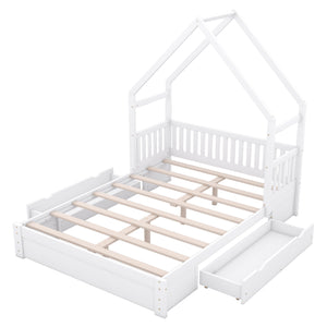 English Elm Wood Queen Size House Platform Bed with Guardrail and 2 Drawers — Charming Kids’ Playful Storage Bedframe White GX000726AAK