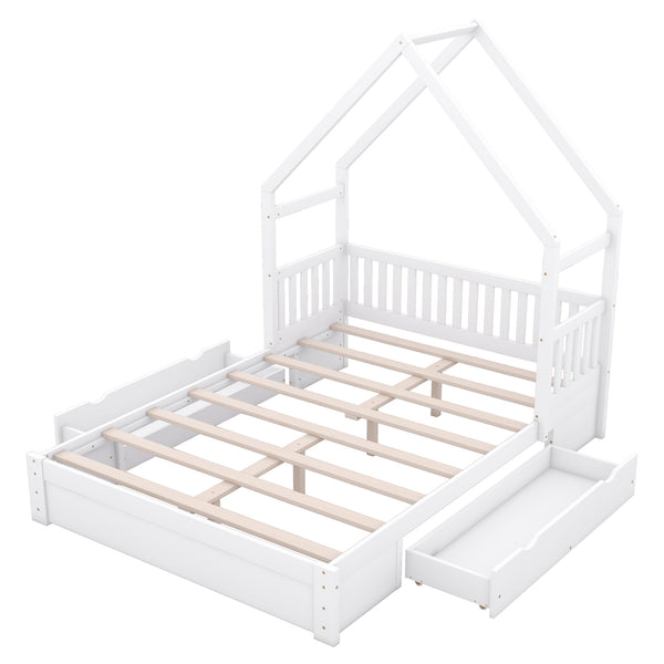 English Elm Wood Queen Size House Platform Bed with Guardrail and 2 Drawers — Charming Kids’ Playful Storage Bedframe White GX000726AAK
