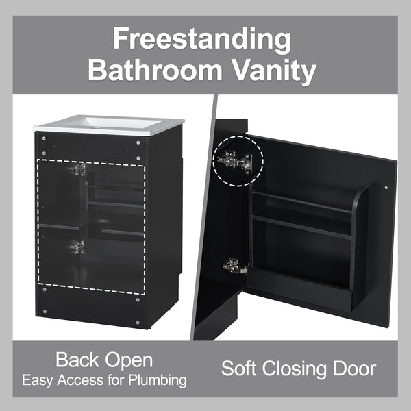 English Elm Christopher Knight Home® - 20" Bathroom Vanity with Ceramic Sink and Soft-Close Door, Gold Knob, Adjustable Shelf Storage Black N759P237946B