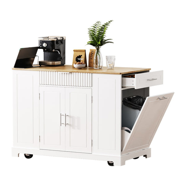 English Elm K&k Rolling Kitchen Island Rubber Wood Top Fluted Cabinet Built-in Charging Station White N707S221571W